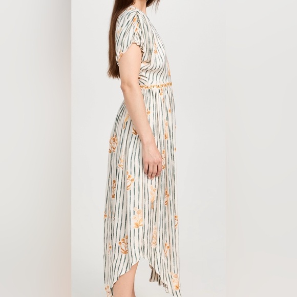 Agua Bendita Strip Floral Maxi Dress Short Sleeve Cream Green Size Small NWT - Picture 5 of 16